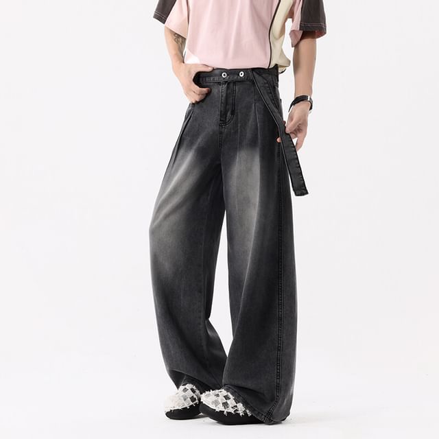 Omozando-Mid Rise Washed Wide Leg Jeans