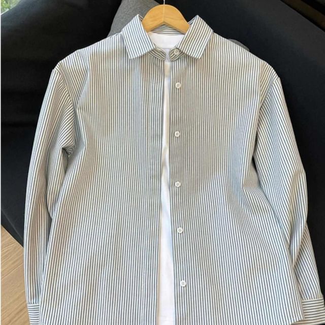 Zentrus-Long-Sleeve Collared Striped Button Shirt