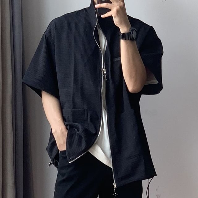 GRAYCIOUS-Elbow-Sleeve Stand Collar Plain Zip-Up Waffle Jacket