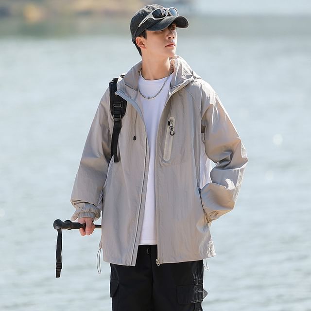 Obikan-Stand Collar Panel Hood Zip Windbreaker