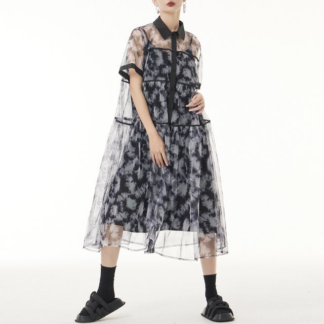 KUMI - Short-Sleeve Collar Patterned Mesh Midi Smock Dress / Spaghetti  Strap Smock Dress | YesStyle