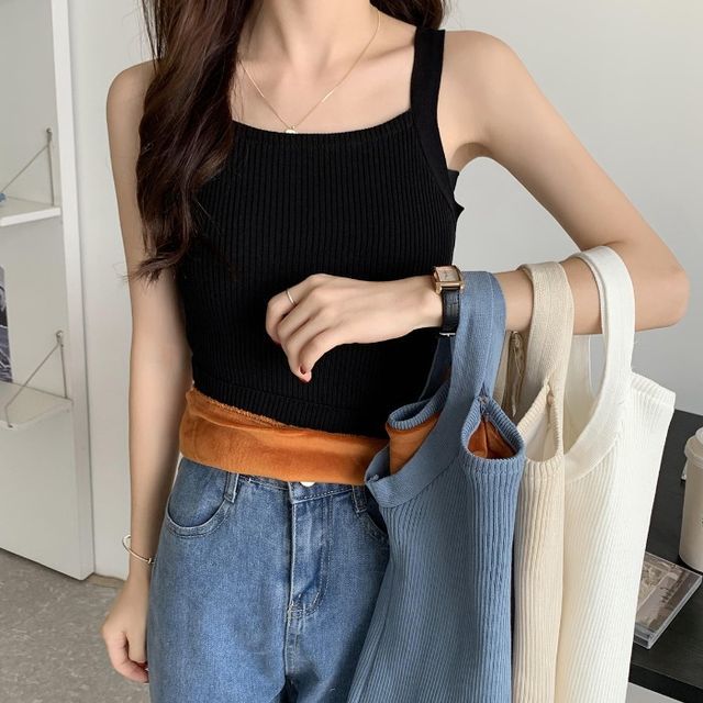 Maisee-Square-Neck Plain Fleece Lining Tank Top