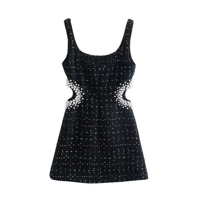 Cumulys - Sleeveless Plaid Faux Pearl Cutout Mini A-Line Dress | YesStyle