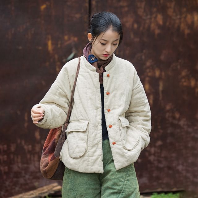 Lewwe-Stand Collar Plain Frog Buttoned Ramie Jacket