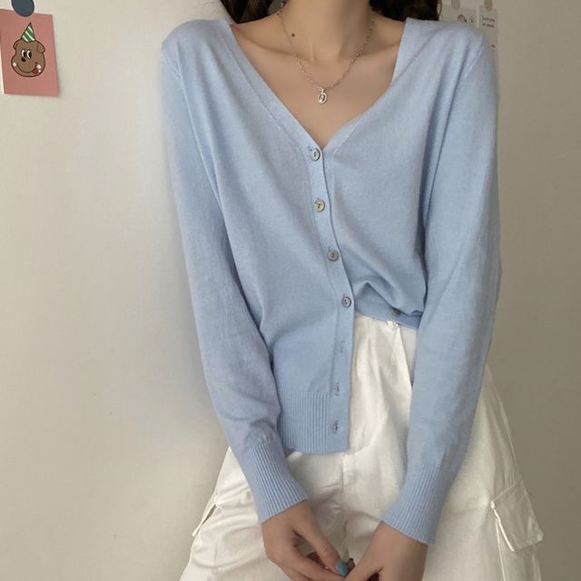 Yako-V-Neck Knit Long-Sleeve Cardigan