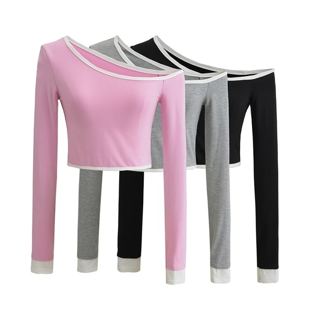 Ulark-Long-Sleeve Off Shoulder Asymmetrical Plain Crop Top