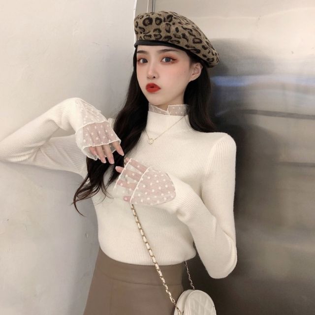 Everose-Long-Sleeve Stand Collar Plain Panel Mesh Ribbed Knit Top