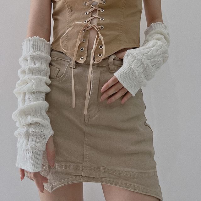 Kinoxslone-Plain Cable Knit Fingerless Gloves
