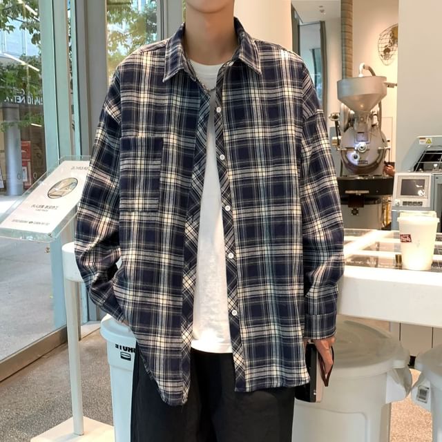 Zentrus-Long Sleeve Collared Plaid Shirt