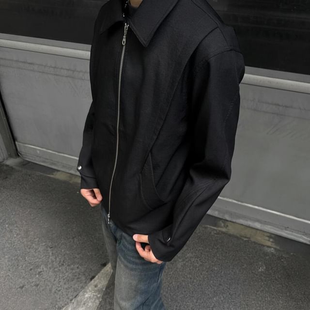 DragonRoad-Collared Plain Zip-Up Jacket