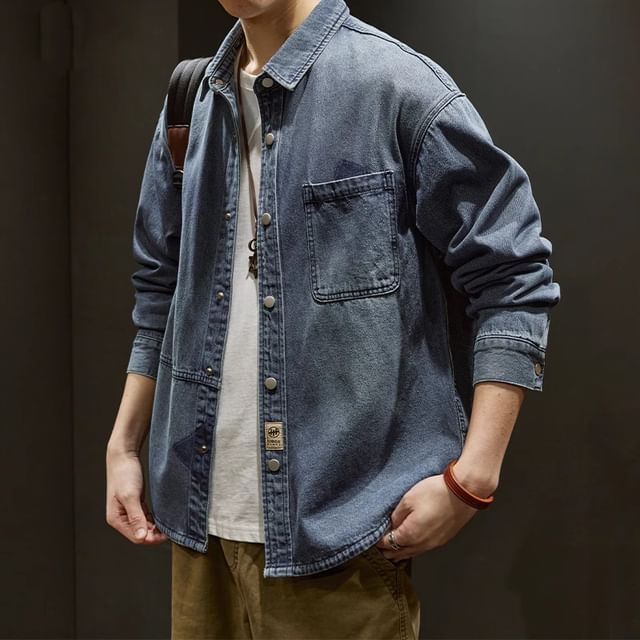 WidoWilder-Collar Pocket Detail Washed Denim Button Shacket