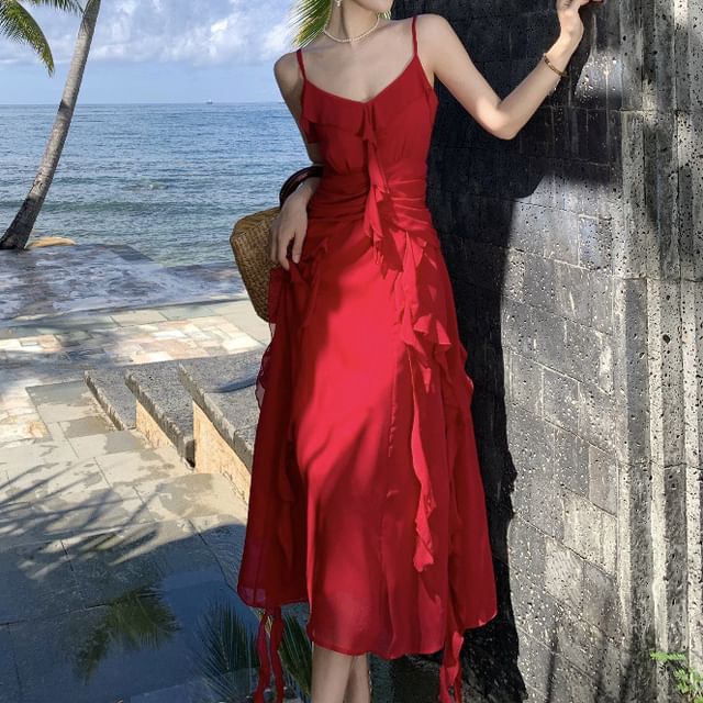 spaghetti strap plain ruffle ruched maxi a-line dress Spaghetti Strap Maxi Dress with Front Slit and Ruffle-Black – Curvphilo main image 1
