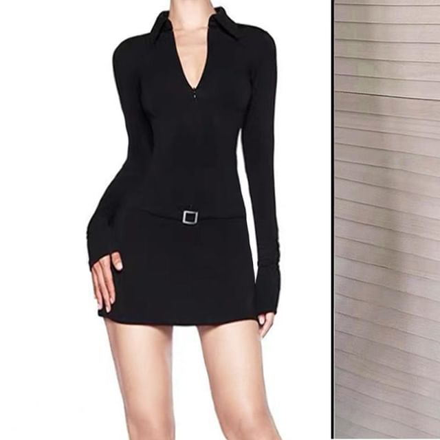 Allinya-Long-Sleeve Half Zip Collared Plain Mini Bodycon Dress