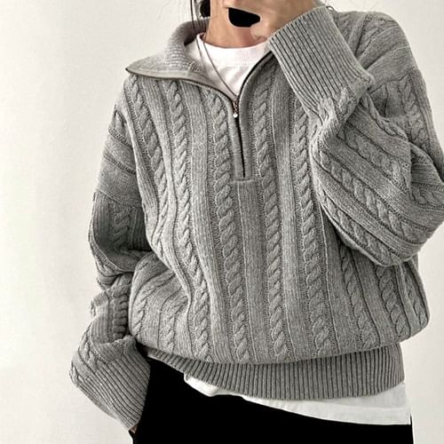【COSYHARU】Cable long sleeve knit half zip up ver Cable Stitch Women's Half Zip Cotton Pullover Sweater