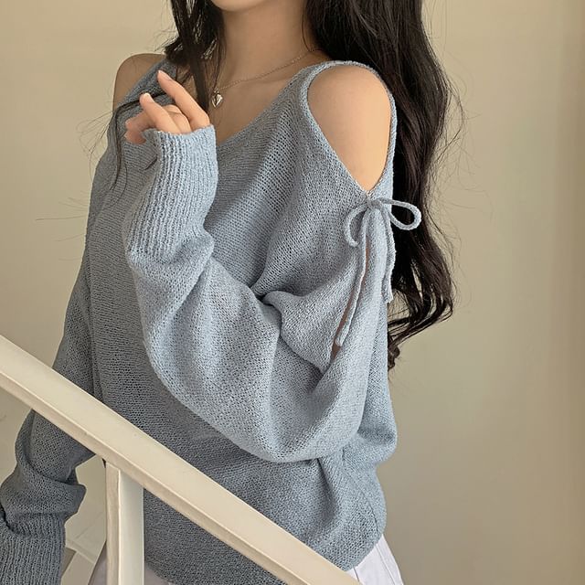 MIKIGA-Long Sleeve Cold Shoulder Plain Sweater