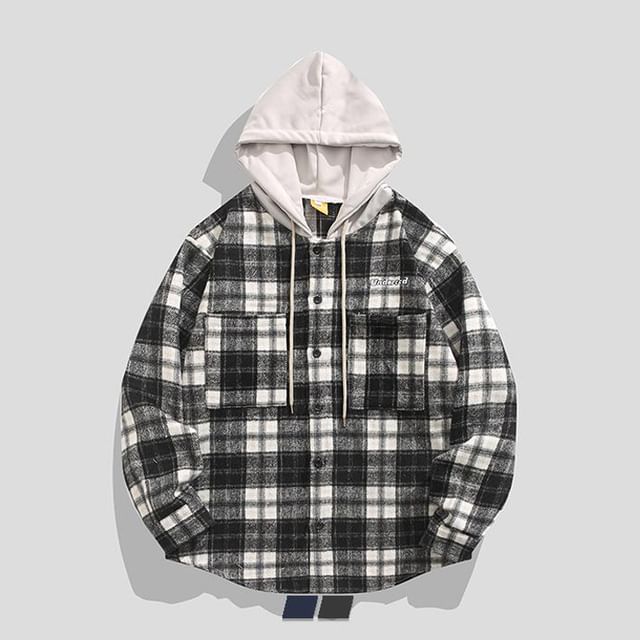 purplelouve-Hooded Plaid Button-Up Jacket