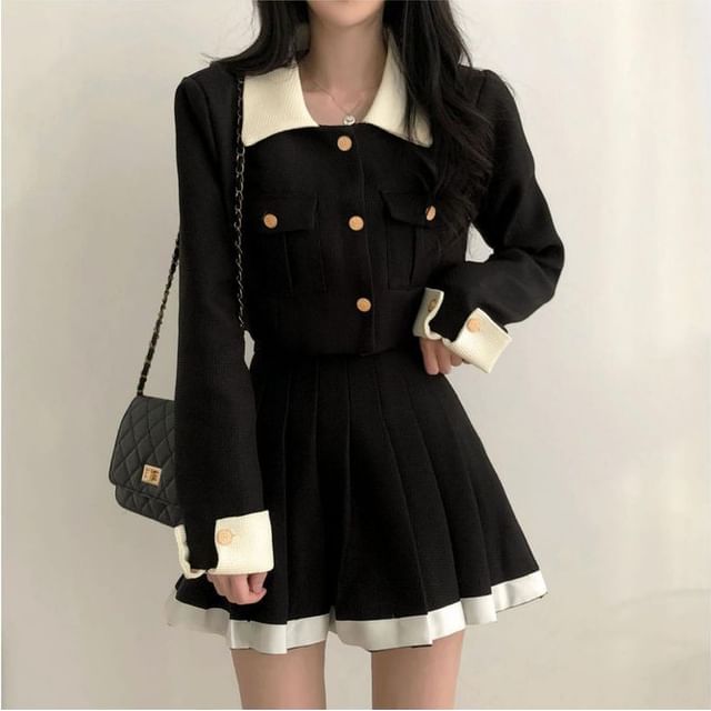 Coris-Set Contrast Collar Button-Up Crop Jacket High Waist Pleated Mini A-Line Skirt
