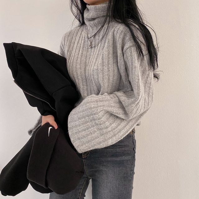 MIKIGA-Turtleneck Plain Ribbed Sweater