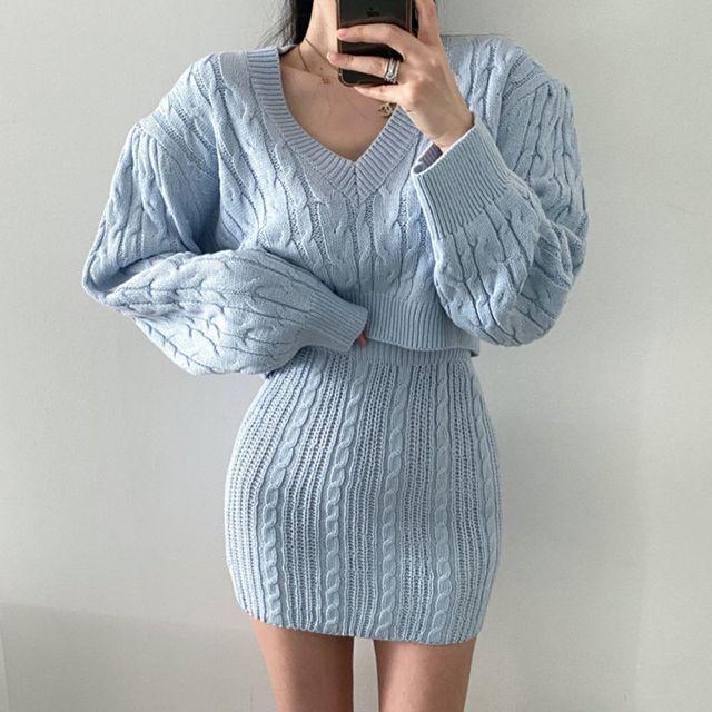 MIKIGA-Set V-Neck Plain Cable-Knit Cropped Sweater High Rise Mini Pencil Skirt