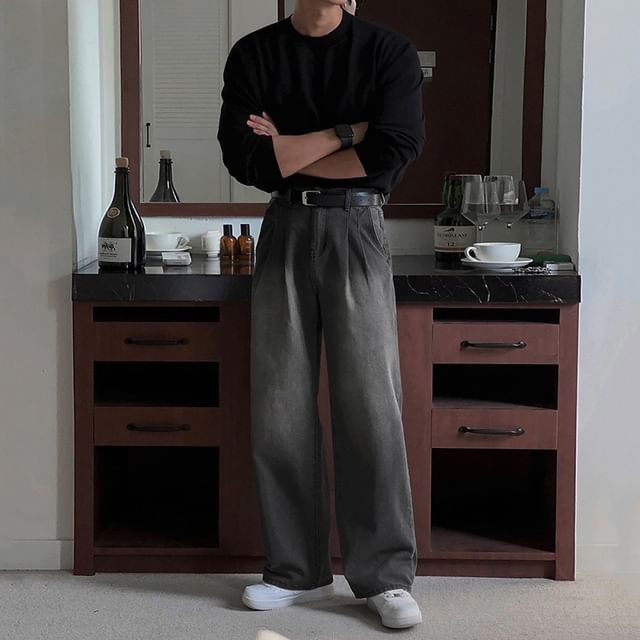 Omozando-Mid Rise Washed Straight Leg Jeans