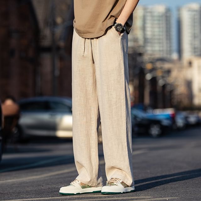 YIKES-Drawstring Waist Linen Wide Leg Pants