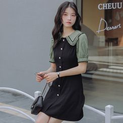sansweet - Short-Sleeve Collar Two-Tone Mini Sheath Dress