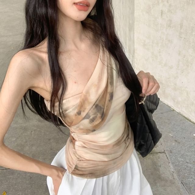 Strawolf-One-Shoulder Tie Dye Ruched Mesh Crop Tank Top
