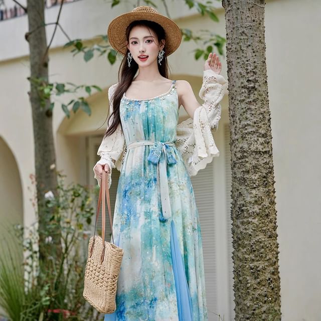 Cocaliso - Spaghetti Strap Scoop Neck Tie-Dye Maxi A-Line Dress / Plain  Lace Cardigan / Set | YesStyle
