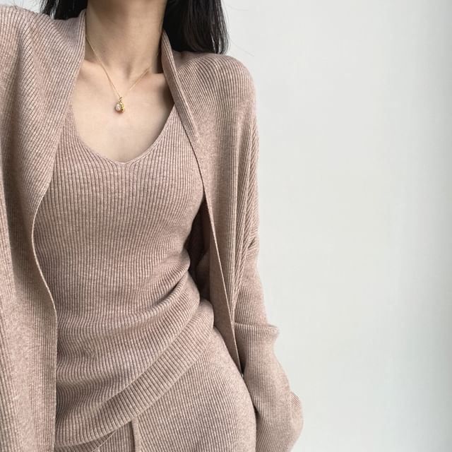 Lewwe-Set Sleeveless V-Neck Plain Knit Top Long Cardigan Drawstring Waist Plain Wide Leg Pants