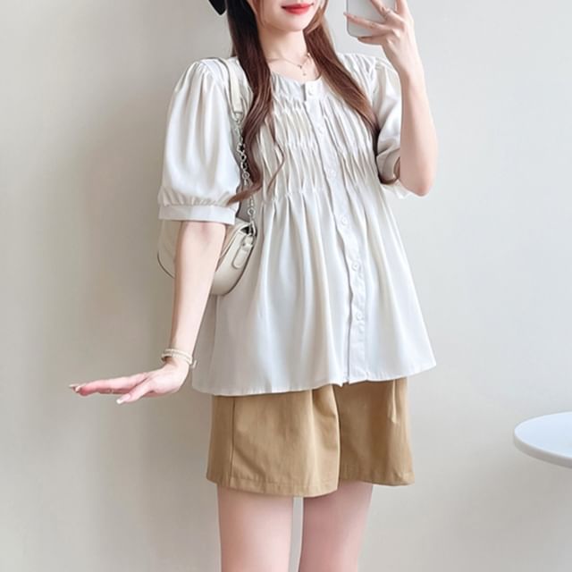 NEUF-Maternity Elbow-Sleeve Crew Neck Plain Ruched Button-Up Blouse