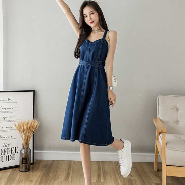 Elvik - Spaghetti Strap Criss Cross Back Denim A-Line Dress | YesStyle