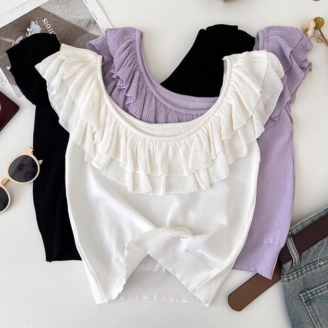 DIYI-Cap Sleeve Scoop Neck Plain Ruffle Knit Top
