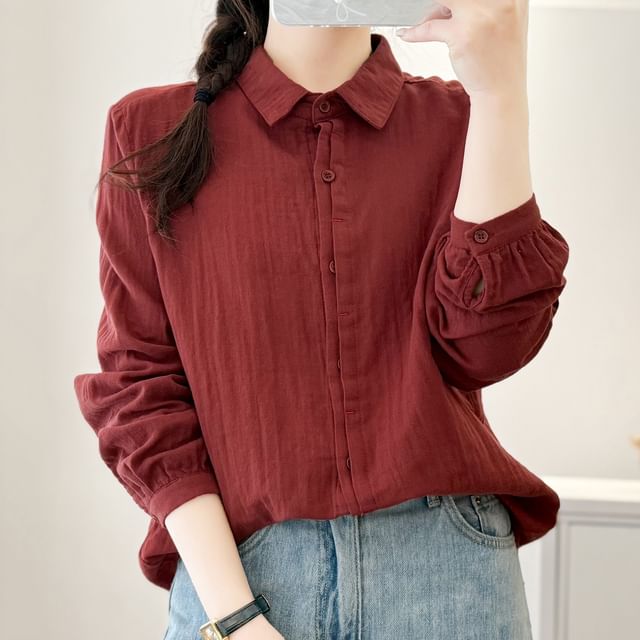 Suzette-Long Sleeve Lapel Collar Plain Button Shirt