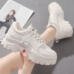 Platform Plain Lace-Up Faux Leather Sneakers