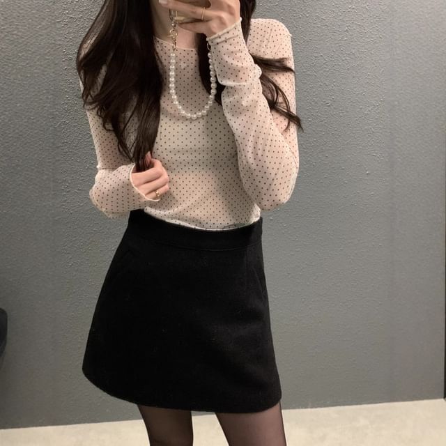 Tulstrix-Long Sleeve Crew Neck Dotted Top