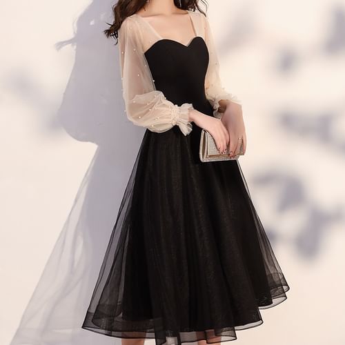 LEFFA - Long-Sleeve Two-Tone Mesh A-Line Evening Dress