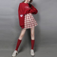 Antoinine - Lettering Sweatshirt / Plaid Mini A-Line Pleated Skirt / Long Socks / Set Antoinine - Lettering Sweatshirt / Plaid Mini A-Line Pleated Skirt / Long Socks / Set