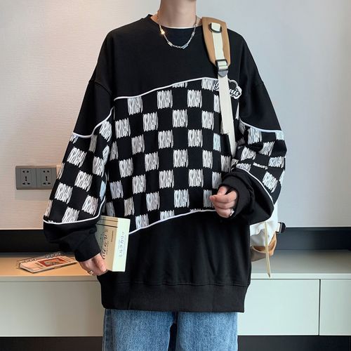 Fresco - Crew Neck Checkerboard Panel Sweatshirt | YesStyle