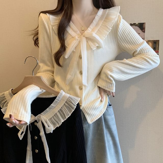 Faiar-Ruffle Neck Long Sleeve Button Up Cardigan