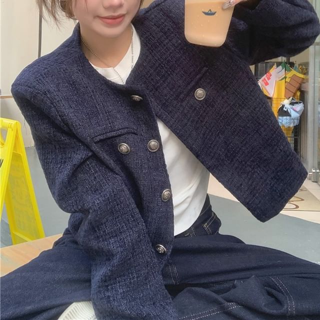 Beem-Round Neck Button Up Cropped Tweed Jacket