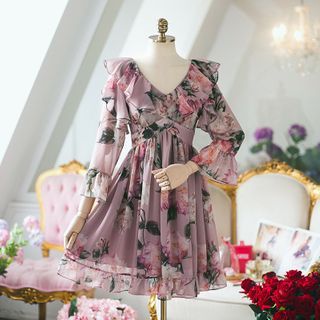 Shima - Flared-Cuff Floral Print Chiffon Dress | YesStyle