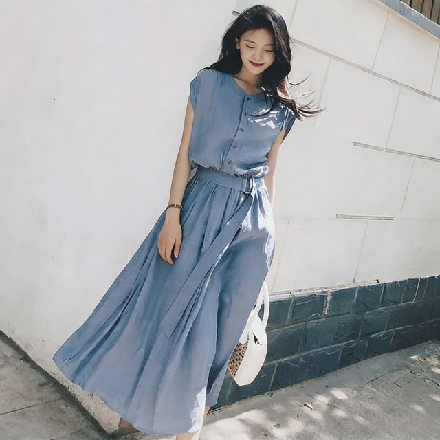 Slit Half Button Collared Neck Cap Sleeve Denim Dress