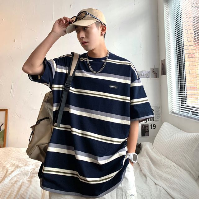 SHIN Shop - Short-Sleeve Striped T-Shirt | YesStyle