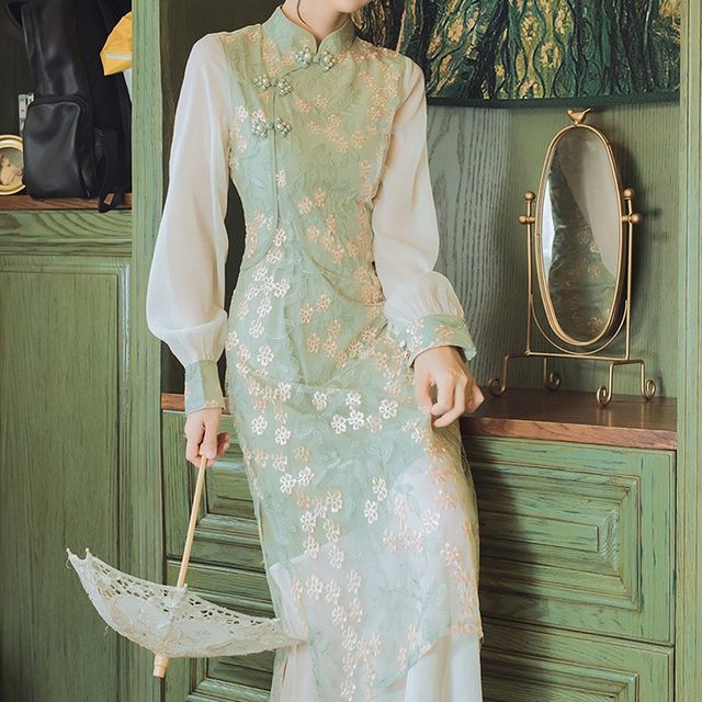 Cocaliso - Long-Sleeve Floral Embroidered Mesh Midi A-Line Qipao Dress |  YesStyle