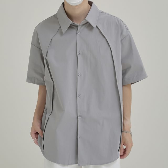 DAZO Studios-Short Sleeve Lapel Collar Plain Loose Shirt