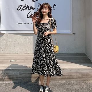 Sancus - Short-Sleeve Square Neck Floral Midi A-Line Dress | YesStyle