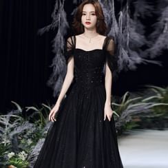 OOMEI - Plain Mesh A-Line Evening Gown