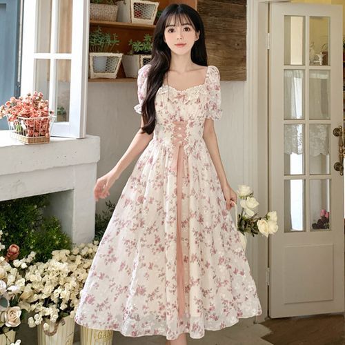 lucuna - short-sleeve lace-overlay floral midi a-line dress Lucuna - Short-Sleeve Floral Lace-Overlay Midi A-Line Dress