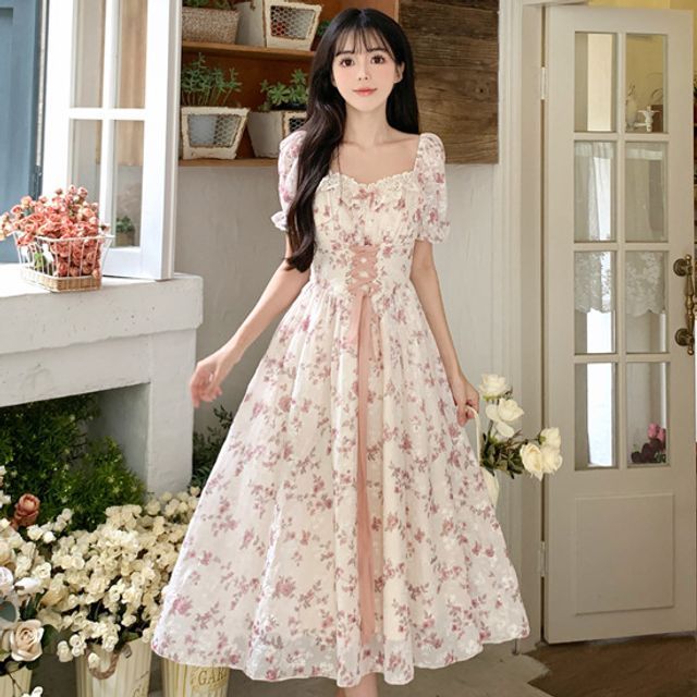knee length dresses for ladies Cap Sleeve Pearly Lace Midi Dress in Blush Whisper