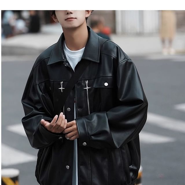 Bay Go Mall-Collared Plain Zipped Button-Up Faux Leather Jacket